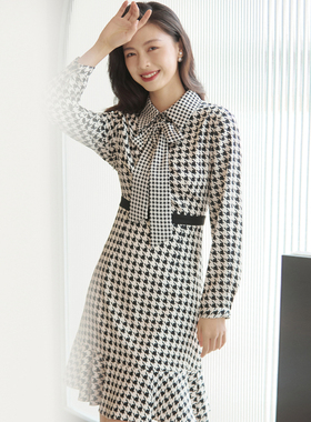 风迪品牌秋季新款连衣裙女修身百搭蝴蝶领结收腰荷叶边裙1A35239