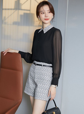 风迪品牌春季新款女士韩版休闲时尚微透通勤优雅气质套装1A15098
