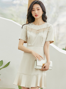 风迪品牌折扣夏季新款气质简约圆领短袖中长款收腰连衣裙1A25745