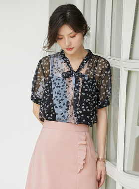 风迪品牌折扣夏季新款女士时尚百搭花色v领两件套雪纺小衫1Z25408