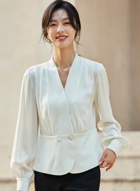 风迪品牌春季新款女士雪纺衫修身长袖V领时尚百搭通勤上衣1B15182