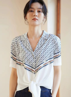 风迪品牌夏季新款雪纺衬衫女百搭休闲拼色短袖V领通勤衬衣1B25167