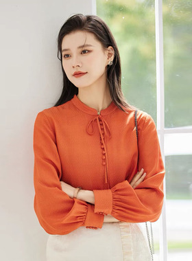 风迪春秋新款衬衫休闲百搭套头宽松圆领长袖薄款打底衬衣1C15174