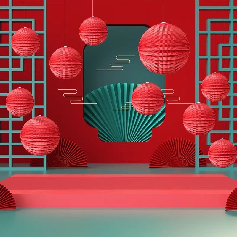 国风大红色主题元旦节橱窗西瓜纸灯笼小挂件走廊吊顶氛围挂件布置