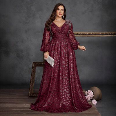 跨境肥婆大码优雅珠片压褶合身V领长袖酒会晚宴礼服裙妈妈礼服