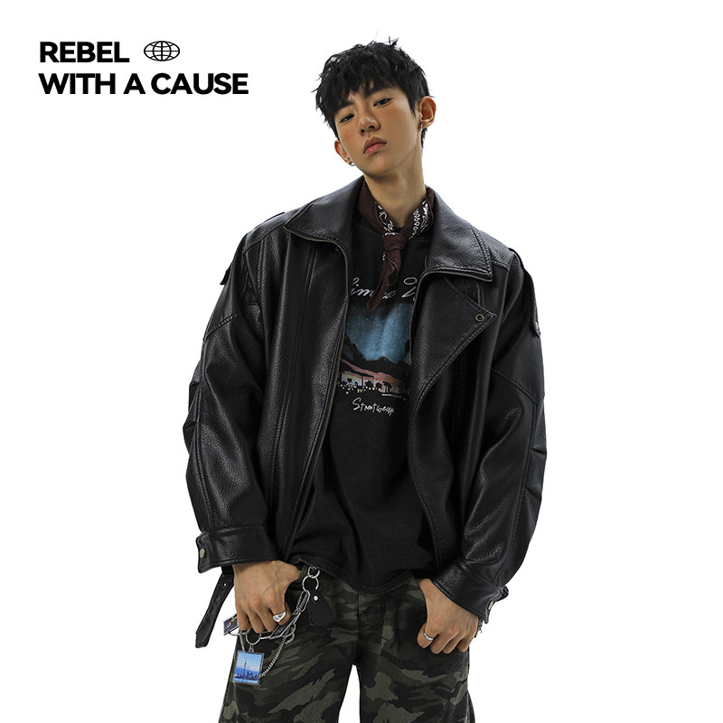 IRA2026春季新款美式复古机车风双层领皮质夹克男宽松痞帅潮外套