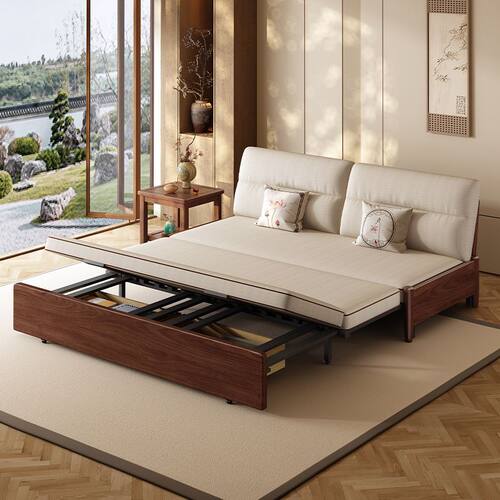 黑胡桃实木沙发小户型伸缩客厅多功能折叠沙发床一体两用