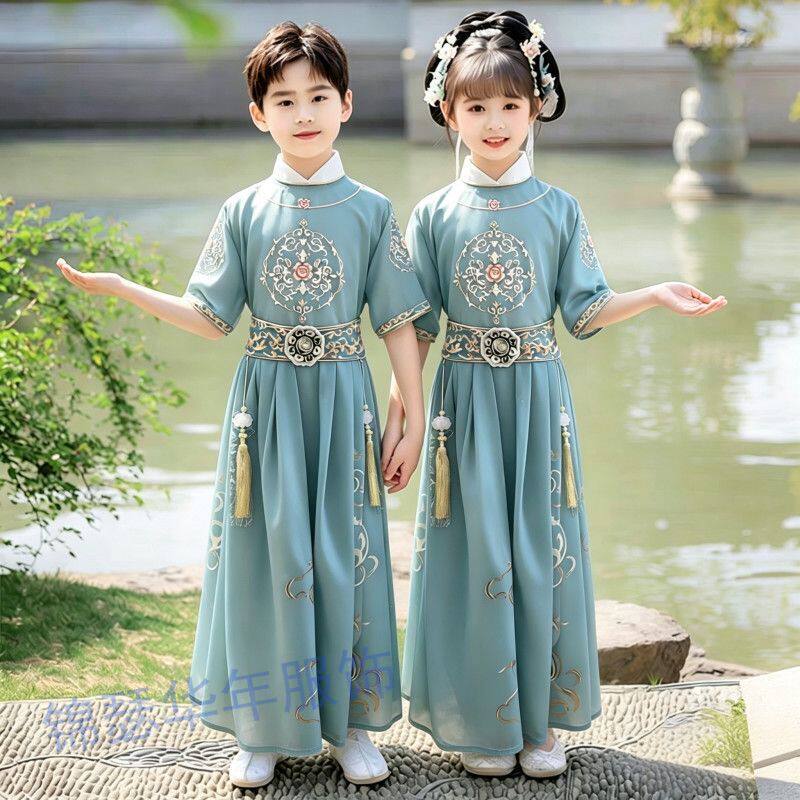 汉服男童2026新款国学古风女童唐装夏季短袖中国风儿童古装演出服