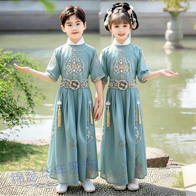 汉服男童2026新款国学古风女童唐装夏季短袖中国风儿童古装演出服