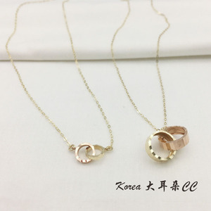 韩国正品纯14K黄金项链女 玫瑰金双环锁骨链 明星简单时尚