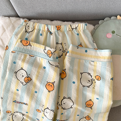 带胸垫格子helloKitty睡衣女款春秋夏季云朵纯棉纱长袖可爱家居服