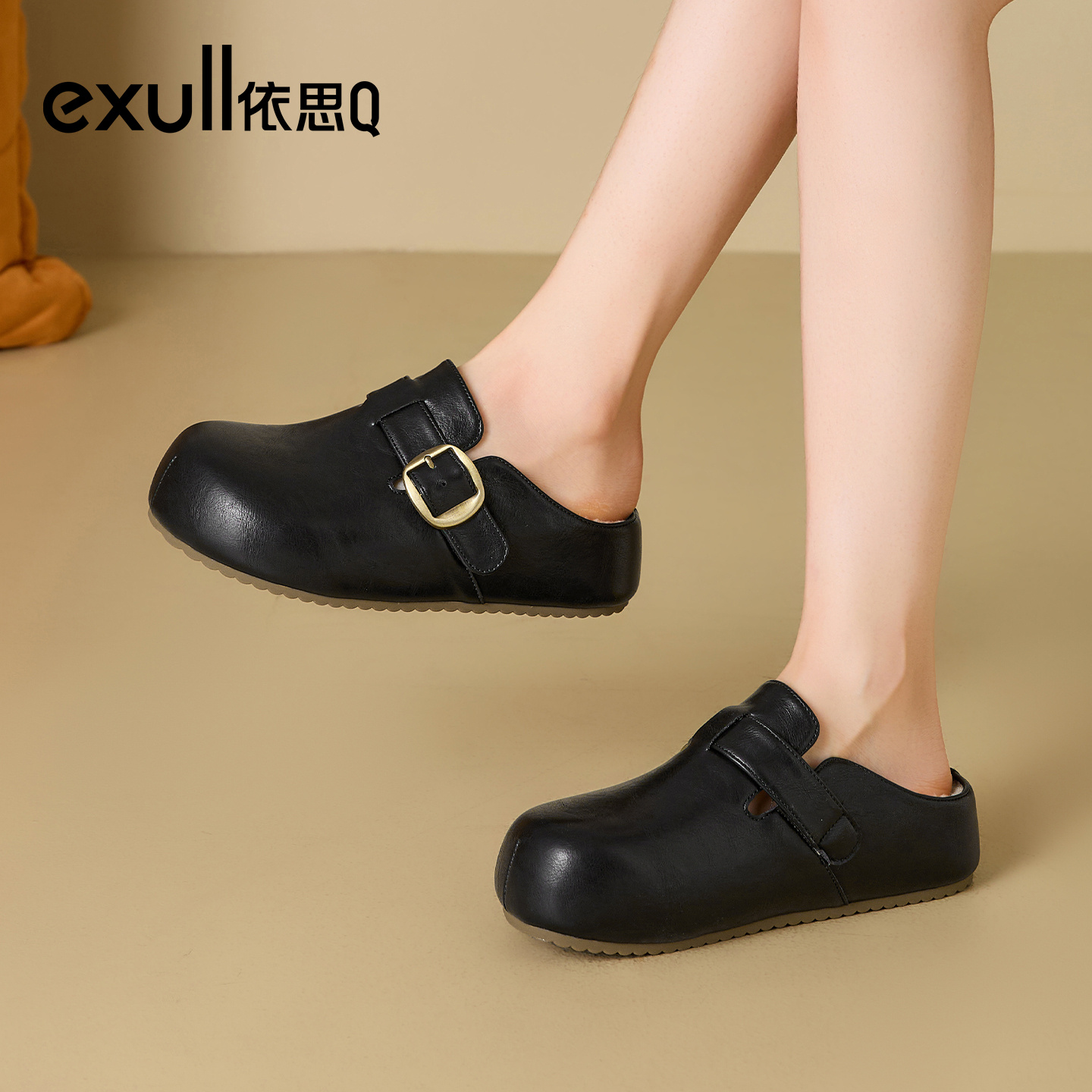 exull/依思Q2025新款秋冬厚底加绒皮面勃肯女鞋包头半拖鞋女外穿