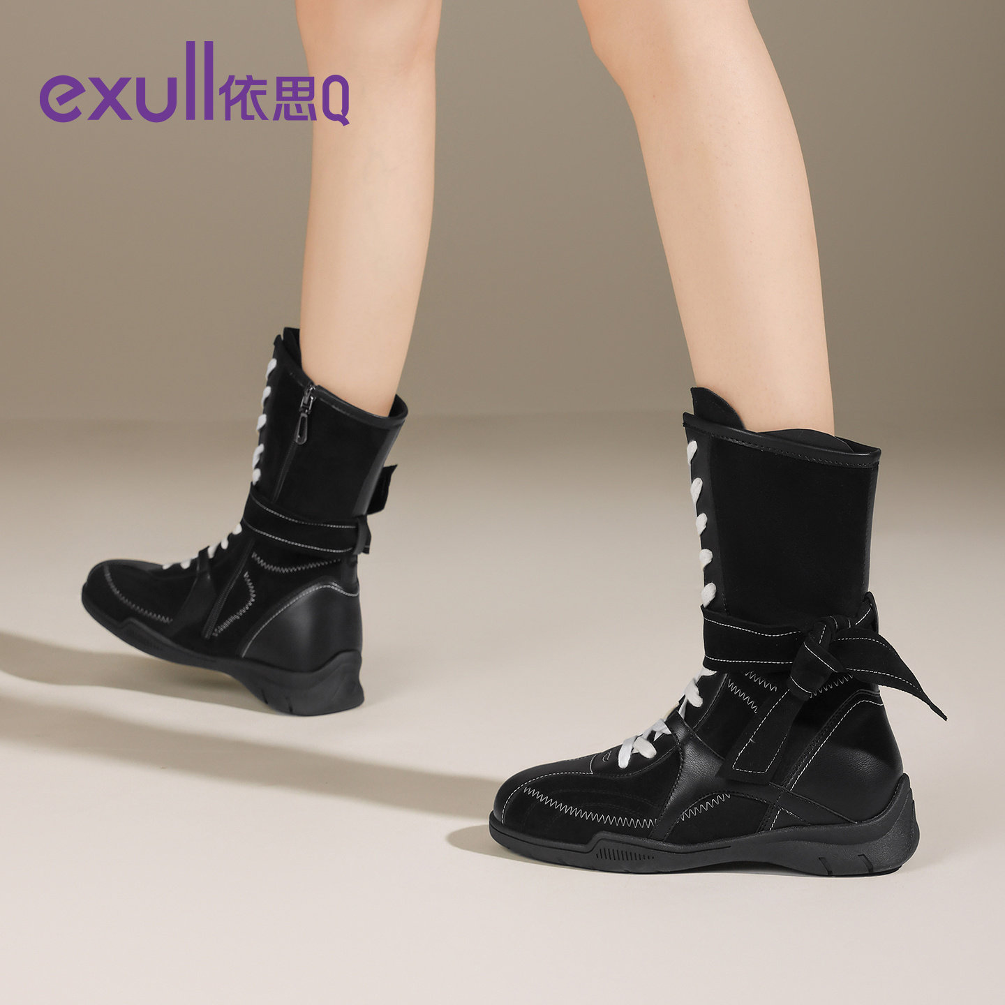 exull/依思Q2025秋季新款拳击靴女款内增高美拉德西部牛仔短靴