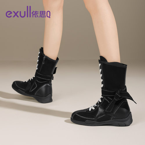 exull/依思Q2025秋季新款拳击靴女款内增高美拉德西部牛仔短靴