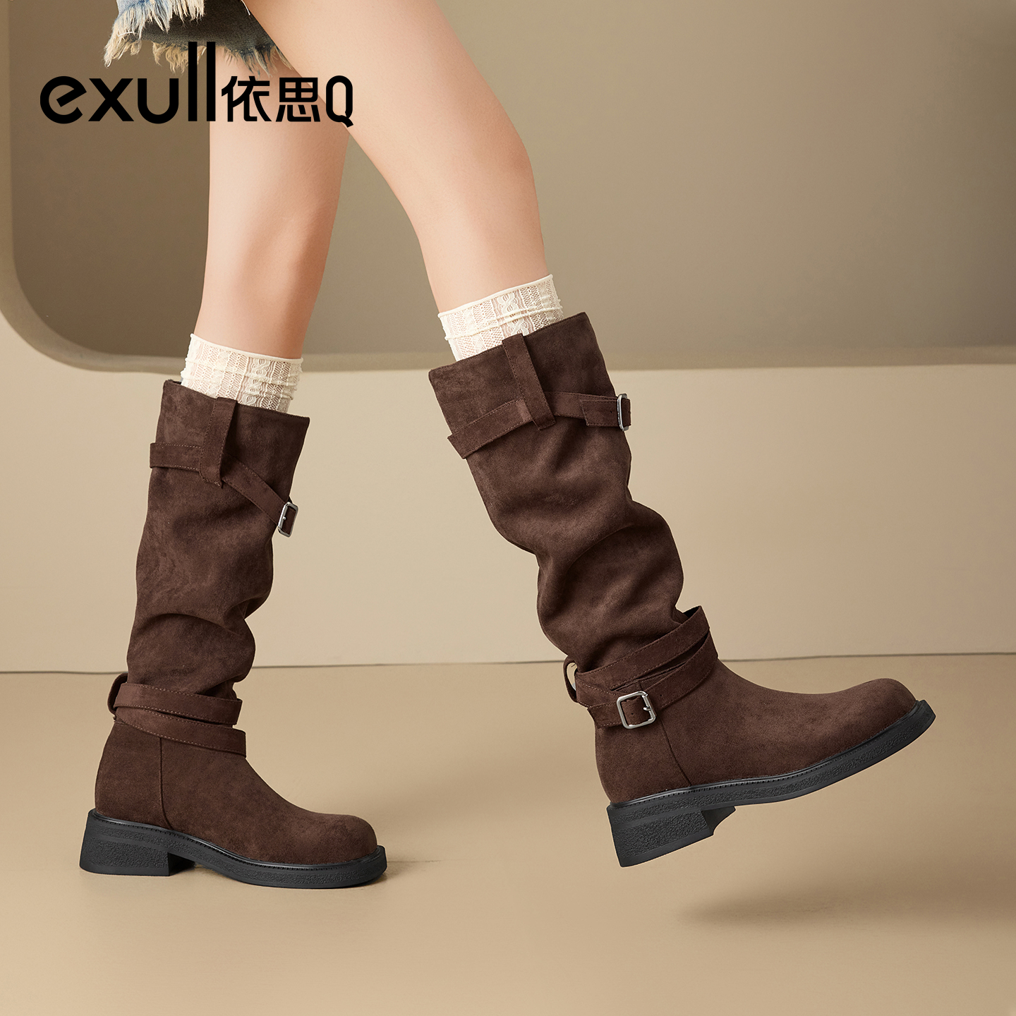 exull/依思Q2025秋季绒面堆堆靴长筒靴女瘦瘦靴尖头v口高筒骑士靴