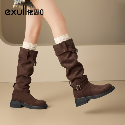 exull/依思Q2025秋季绒面堆堆靴长筒靴女瘦瘦靴尖头v口高筒骑士靴
