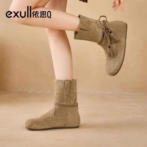 exull/依思Q2025新款秋冬堆堆靴女平底软底复古短靴西部牛仔靴