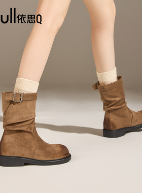 exull/依思Q2025秋冬中筒短靴女百搭复古骑士堆堆靴套筒马丁靴