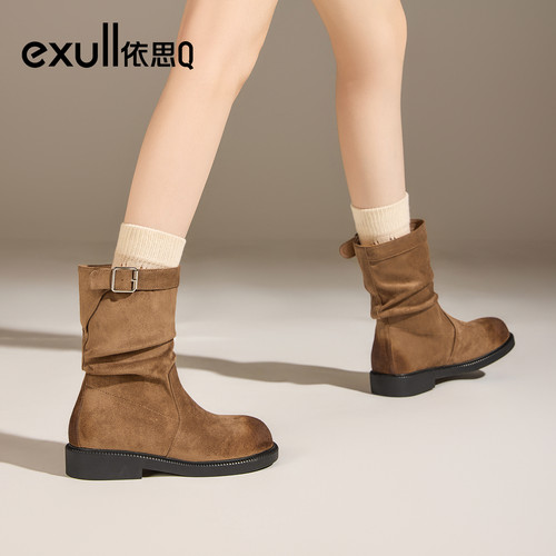 exull/依思Q2025秋冬中筒短靴女百搭复古骑士堆堆靴套筒马丁靴