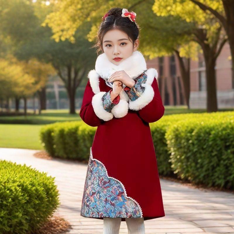 女童旗袍裙子秋冬季红色