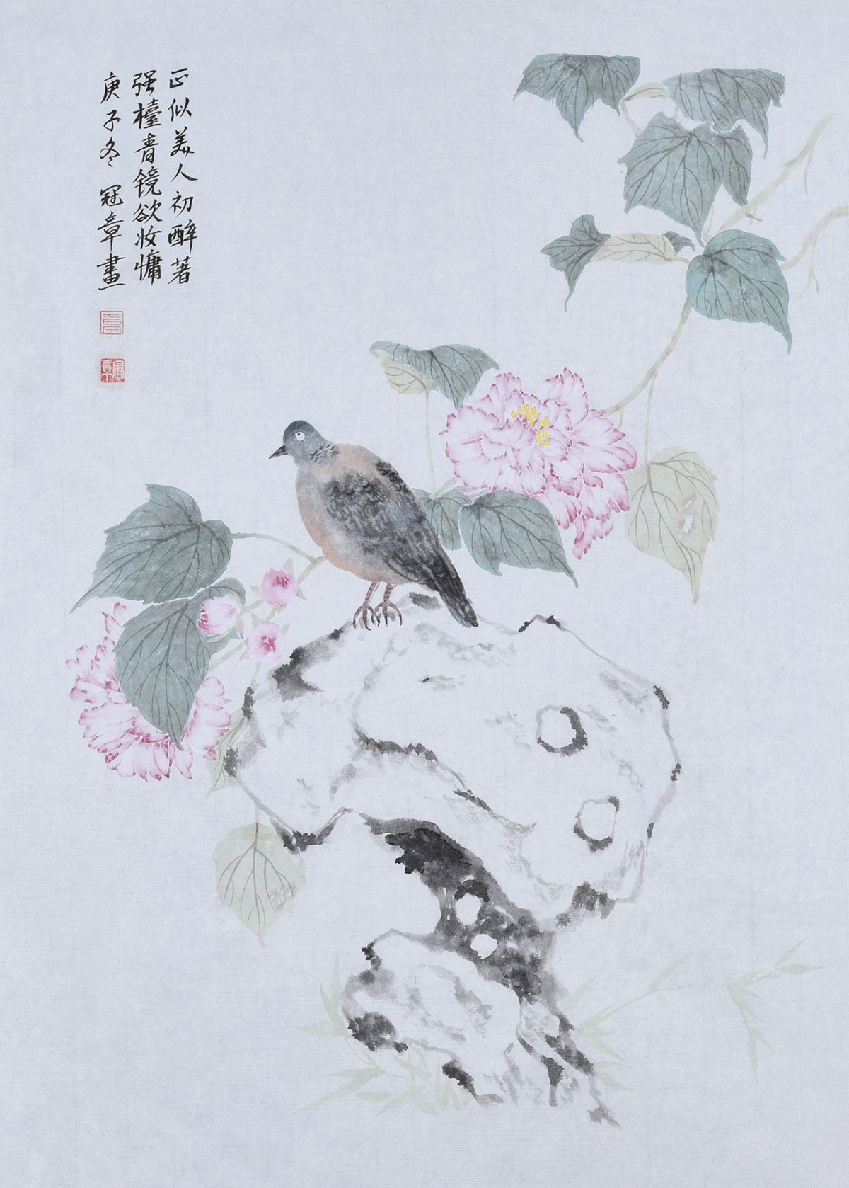 纯手绘国画没骨花鸟画芙蓉花斑鸠字画书房客厅新中式装饰画古风