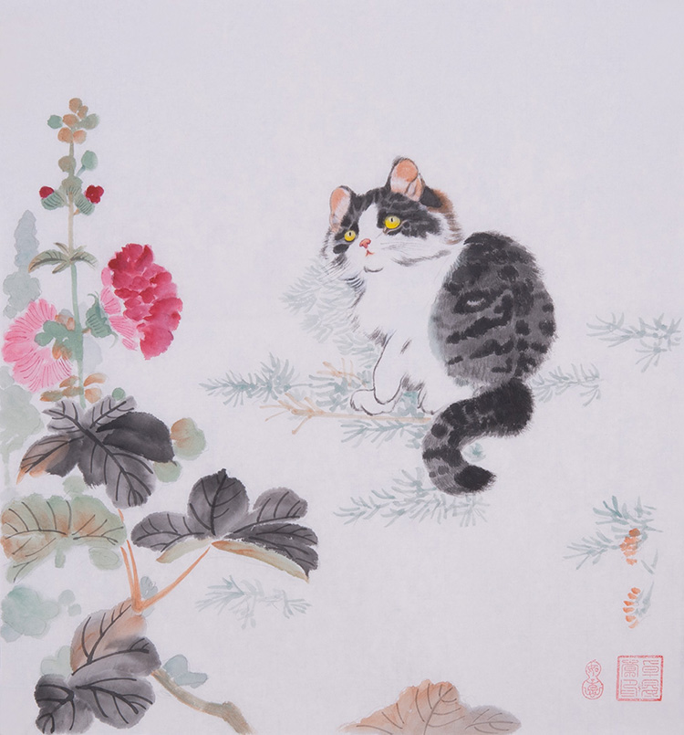 纯手绘真迹国画写意画水墨画猫嬉花图斗方订制卧室办公室装饰挂画