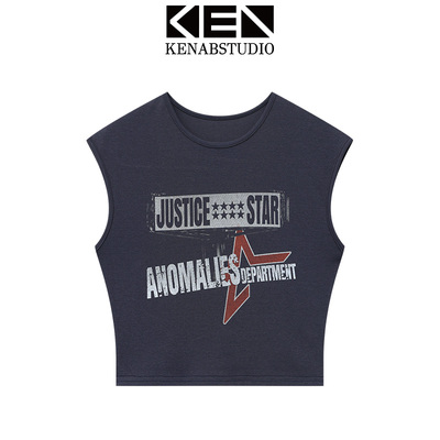 美式复古蓝色字母印花背心