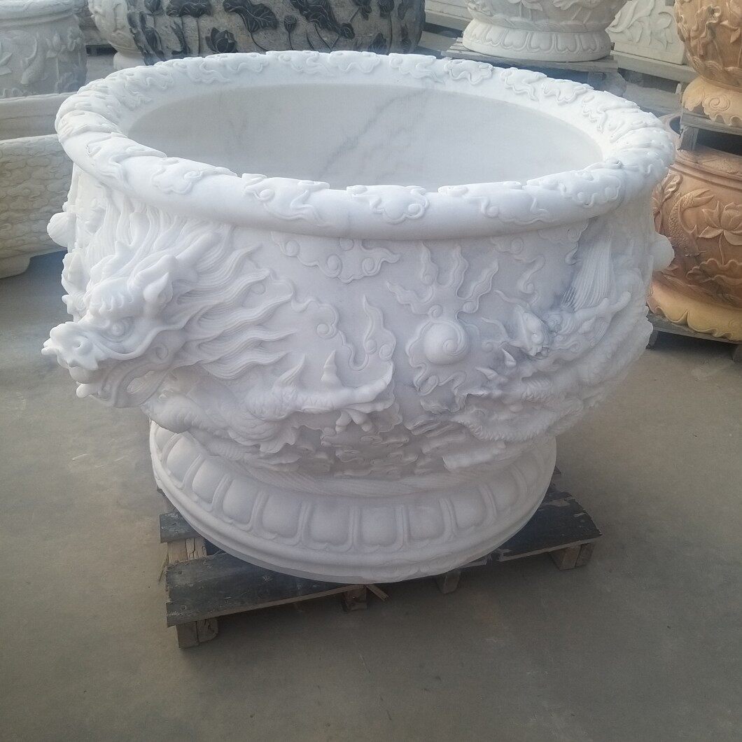 汉白玉鱼缸花盆龙缸庭院户外门海手工雕流水缸
