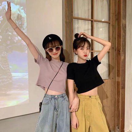 泫雅风短款韩版cec短袖t恤女宽松ins小众设计感心机紧身露脐上衣