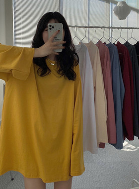 纯色长袖女上衣秋冬2024新款韩版宽松慵懒风大版黄色t恤ins打底衫
