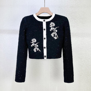 秋冬2025经典黑色千金风重工刺绣亮片立体花朵针织外套包臀裙套装