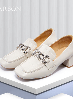 哈森商场同款休闲粗跟方头乐福鞋商务通勤饰扣深口秋单鞋HL222503