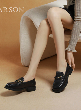 哈森黑色哑光软面羊皮革乐福鞋女春季新款休闲单鞋HS253003