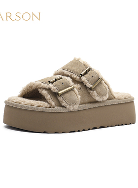 哈森加绒雪地靴秋冬新款外出居家皆可穿软糯拖鞋HWM240205