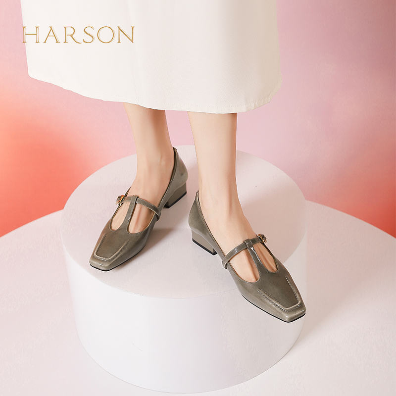 女士春季粗跟T字带饰扣时装单鞋