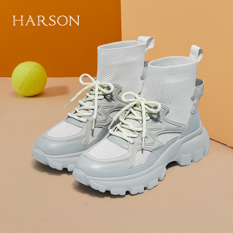 哈森春秋新款商场绑带厚底休闲运动老爹鞋高帮袜靴 HC229902