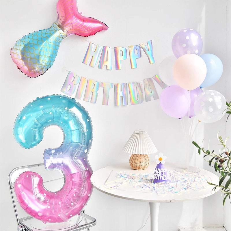 ins美人鱼生日布置数字气球桌飘拉旗背景墙装饰周岁女孩生日布置