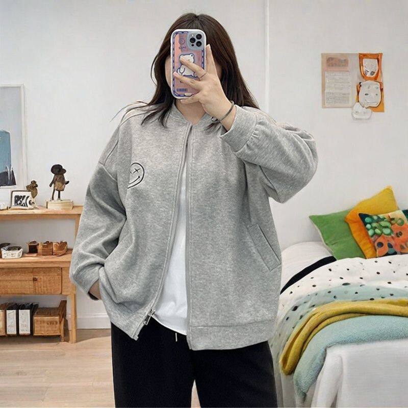 300斤胖mm加肥大码开衫卫衣女装春秋宽松设计感小众立领拉链外套2