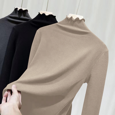 大码女装300斤韩版上衣胖mm显瘦德绒木耳边打底衫新款内搭秋冬t恤