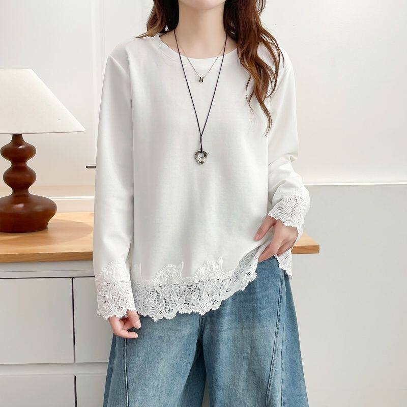 300斤大码女装胖mm秋冬新款蕾丝花边拼接长袖t恤打底上衣