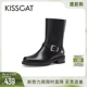 KISSCAT接吻猫秋季 增高复古真皮机车靴女牛仔西部靴子中筒靴 新款