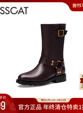 接吻猫秋季新款时尚复古长筒西部牛皮靴流行增高加绒骑士靴女