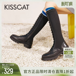KISSCAT接吻猫春季 靴女长筒骑士靴子黑色长靴女 厚底增高弹力时装