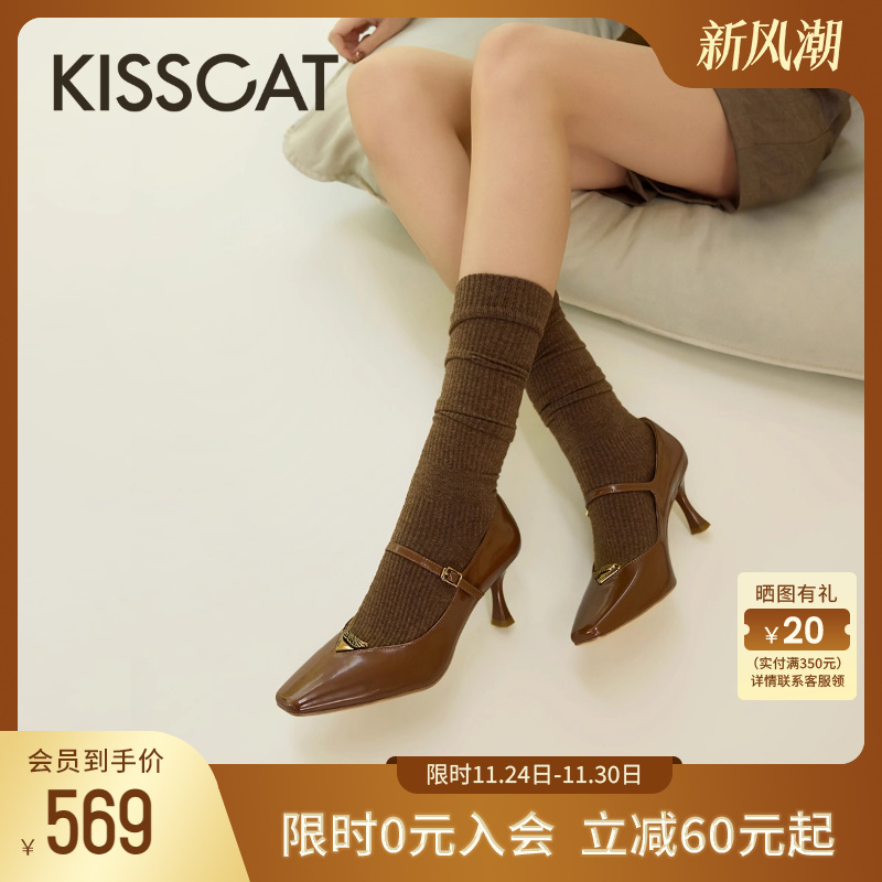 KISSCAT接吻猫[翎羽系列]25秋新法式高跟鞋复古方头玛丽珍单鞋女