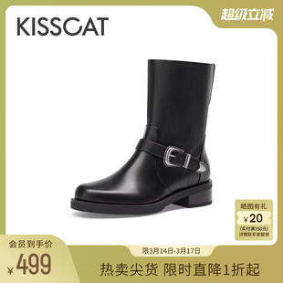 KISSCAT接吻猫秋季新款增高复古真皮机车靴女牛仔西部靴子中筒靴