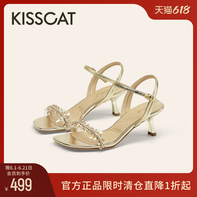 KISSCAT接吻猫夏季法式简约仙女风一字带凉鞋女水钻金色高跟鞋女