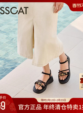 KISSCAT接吻猫夏季法式厚底增高条带凉鞋复古金币休闲平底凉鞋女
