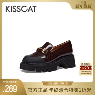 女 女增高系带拼接乐福鞋 KISSCAT接吻猫秋季 休闲厚底粗跟通勤单鞋