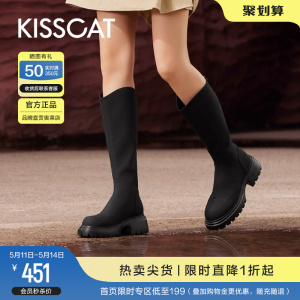 KISSCAT接吻猫2023冬季新款时尚瘦瘦靴简约拼接弹力靴粗跟长靴女