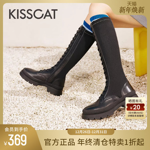 接吻猫秋季 潮流炸街防踢长筒靴弹力袜套高筒靴厚底骑士靴女 新款